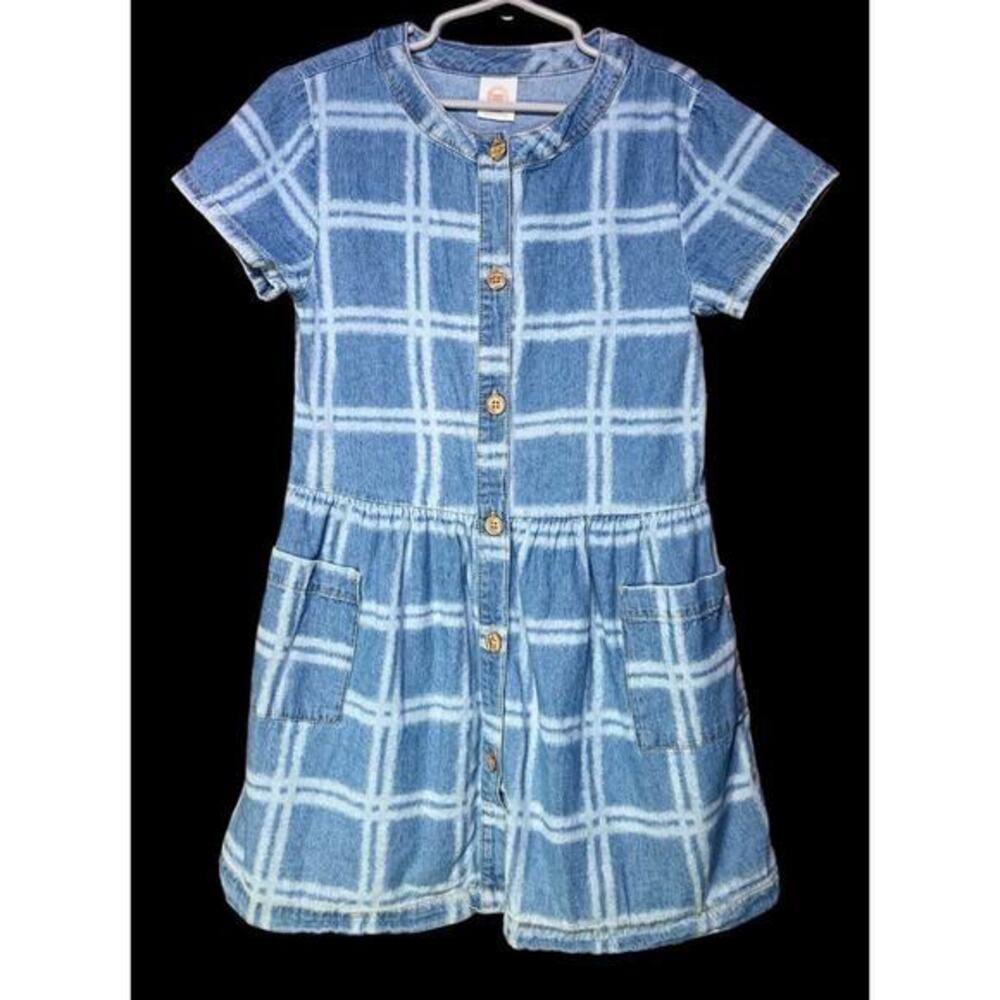 Wonder Nation Girls Blue Denim Plaid Button Down Dress Pockets Size‎ S (6-6X )